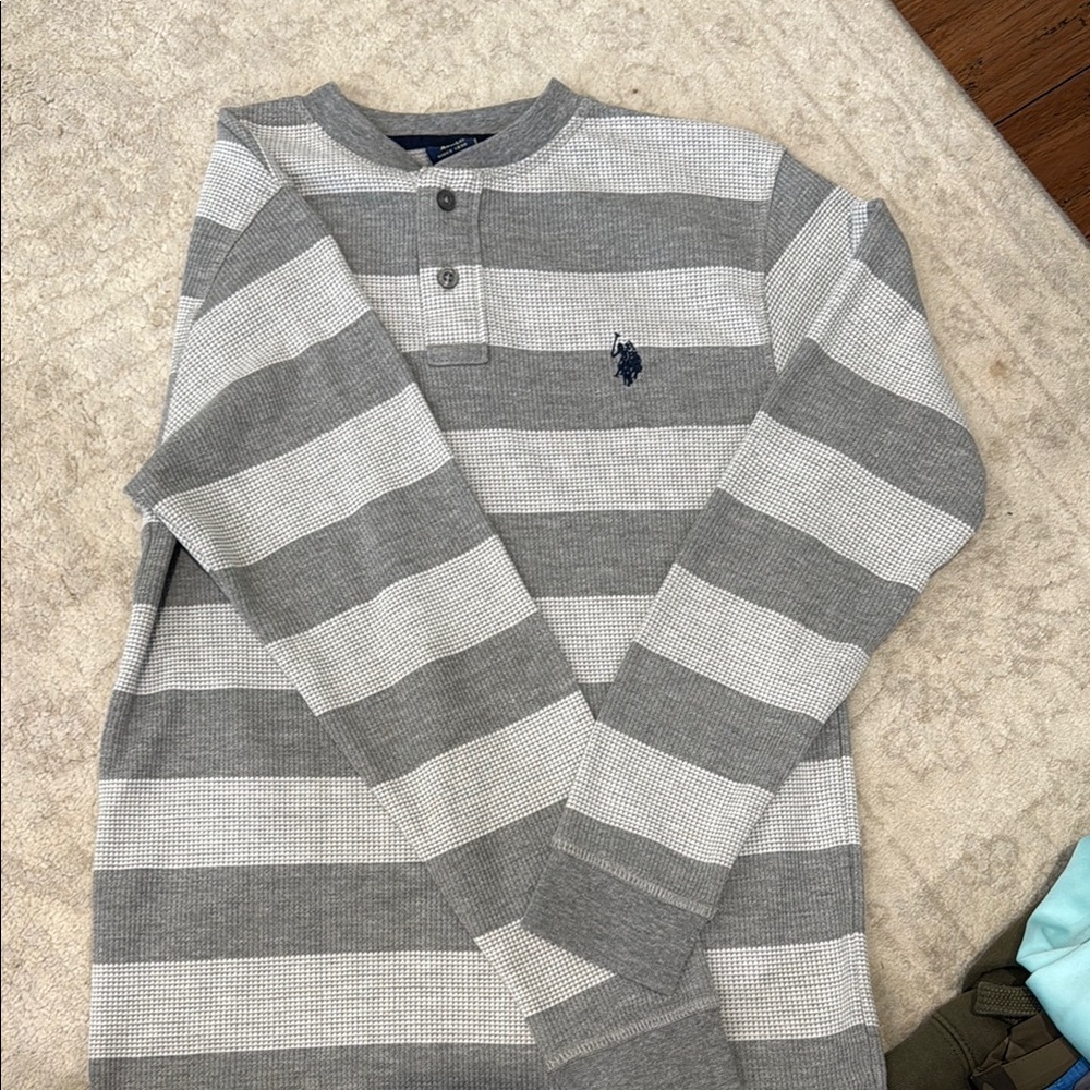 Gray Striped Long Sleeve Henley Shirt